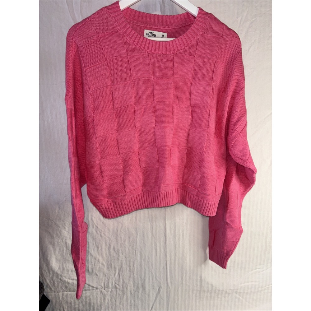Womens Hollister Hot Pink Cropped Sweater With Checkered Pattern Size Medium